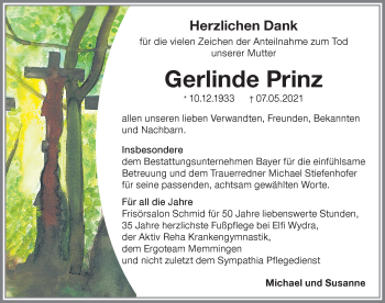 Traueranzeige von Gerlinde Prinz von Memminger Zeitung