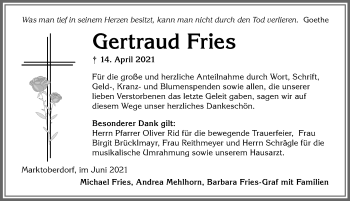 Traueranzeige von Gertraud Fries von Allgäuer Zeitung, Marktoberdorf