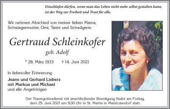 Traueranzeige von Gertraud Schleinkofer von Allgäuer Zeitung, Marktoberdorf