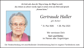 Traueranzeige von Gertraude Haller von Allgäuer Zeitung, Marktoberdorf