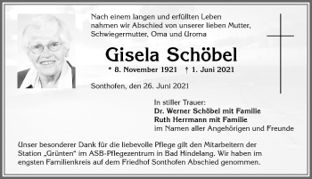 Traueranzeige von Gisela Schöbel von Allgäuer Anzeigeblatt