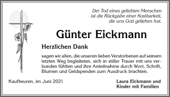 Traueranzeige von Günter Eickmann von Allgäuer Zeitung, Kaufbeuren/Buchloe