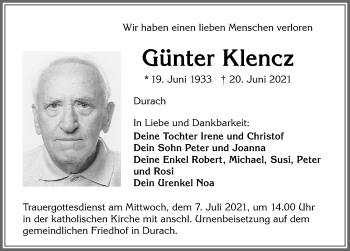 Traueranzeige von Günter Klencz von Allgäuer Zeitung,Kempten