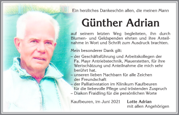 Traueranzeige von Günther Adrian von Allgäuer Zeitung, Kaufbeuren/Buchloe