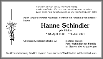 Traueranzeige von Hanne Schindler von Allgäuer Anzeigeblatt
