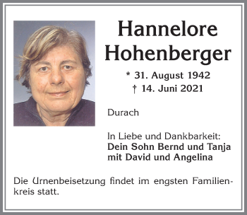 Traueranzeige von Hannelore Hohenberger von Allgäuer Zeitung,Kempten