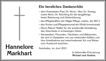 Traueranzeige von Hannelore Markhart von Allgäuer Anzeigeblatt