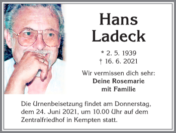 Traueranzeige von Hans Ladeck von Allgäuer Zeitung,Kempten
