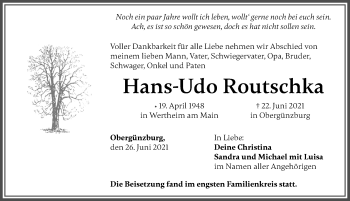 Traueranzeige von Hans-Udo Routschka von Allgäuer Zeitung, Marktoberdorf