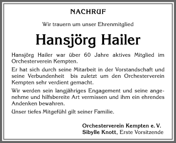 Traueranzeige von Hansjörg Hailer von Allgäuer Zeitung,Kempten