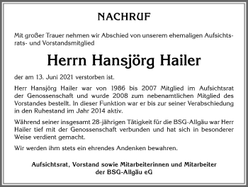 Traueranzeige von Hansjörg Hailer von Allgäuer Zeitung,Kempten