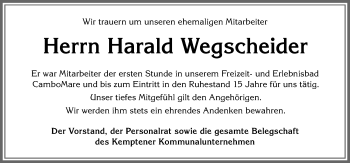 Traueranzeige von Harald Wegscheider von Allgäuer Zeitung,Kempten