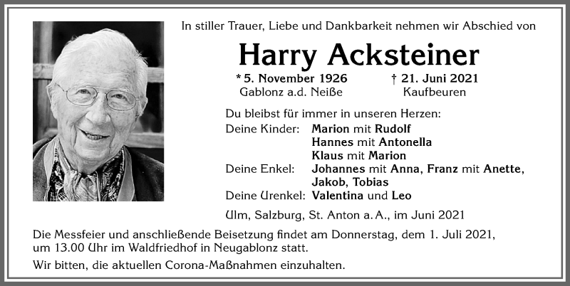  Traueranzeige für Harry Acksteiner vom 26.06.2021 aus Allgäuer Zeitung, Kaufbeuren/Buchloe