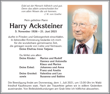 Traueranzeige von Harry Acksteiner von Allgäuer Zeitung, Kaufbeuren/Buchloe