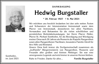 Traueranzeige von Hedwig Burgstaller von Allgäuer Anzeigeblatt