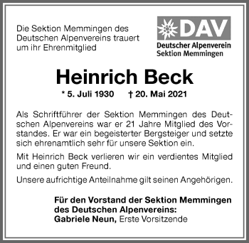 Traueranzeige von Heinrich Beck von Memminger Zeitung