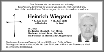 Traueranzeige von Heinrich Wiegand von Allgäuer Zeitung, Kaufbeuren/Buchloe