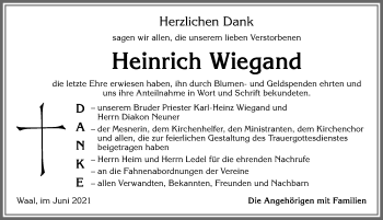 Traueranzeige von Heinrich Wiegand von Allgäuer Zeitung, Kaufbeuren/Buchloe