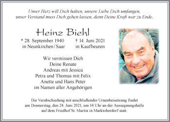 Traueranzeige von Heinz Biehl von Allgäuer Zeitung, Marktoberdorf