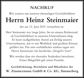 Traueranzeige von Heinz Steinmaier von Der Westallgäuer