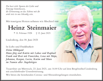 Traueranzeige von Heinz Steinmaier von Der Westallgäuer