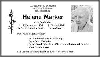 Traueranzeige von Helene Marker von Allgäuer Zeitung, Kaufbeuren/Buchloe