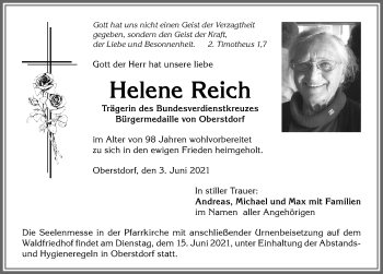Traueranzeige von Helene Reich von Allgäuer Anzeigeblatt
