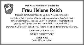 Traueranzeige von Helene Reich von Allgäuer Anzeigeblatt
