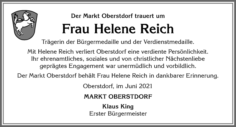  Traueranzeige für Helene Reich vom 10.06.2021 aus Allgäuer Anzeigeblatt