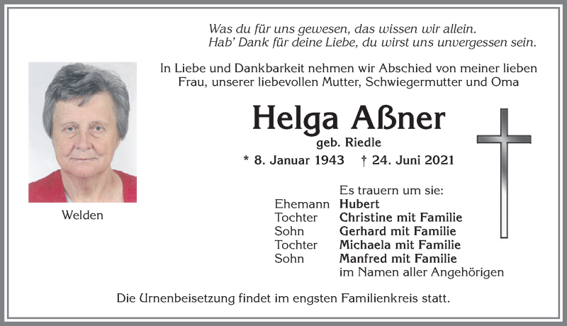  Traueranzeige für Helga Aßner vom 29.06.2021 aus Allgäuer Zeitung, Kaufbeuren/Buchloe