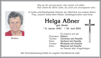 Traueranzeige von Helga Aßner von Allgäuer Zeitung, Kaufbeuren/Buchloe