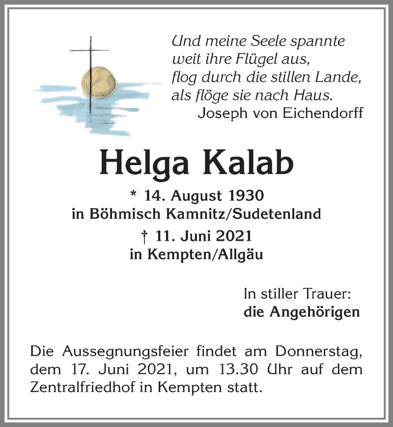  Traueranzeige für Helga Kalab vom 15.06.2021 aus Allgäuer Zeitung,Kempten