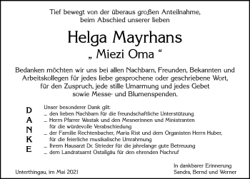 Traueranzeige von Helga Mayrhans von Allgäuer Zeitung, Marktoberdorf