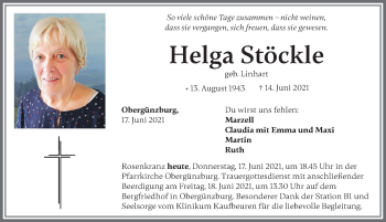 Traueranzeige von Helga Stöckle von Allgäuer Zeitung, Marktoberdorf