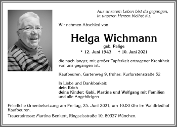 Traueranzeige von Helga Wichmann von Allgäuer Zeitung, Kaufbeuren/Buchloe