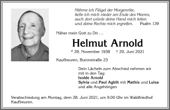 Traueranzeige von Helmut Arnold von Allgäuer Zeitung, Kaufbeuren/Buchloe