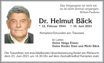 Traueranzeige von Helmut Bäck von Allgäuer Zeitung,Kempten