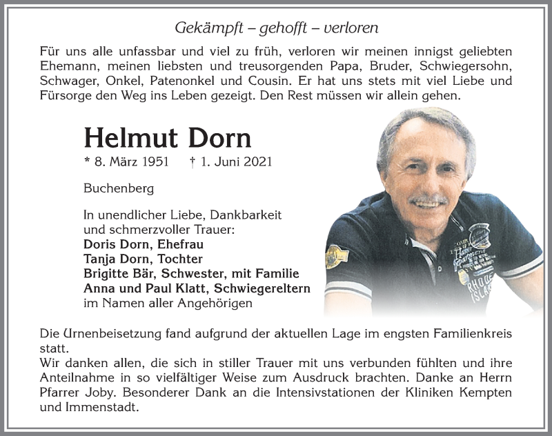  Traueranzeige für Helmut Dorn vom 10.06.2021 aus Allgäuer Zeitung,Kempten