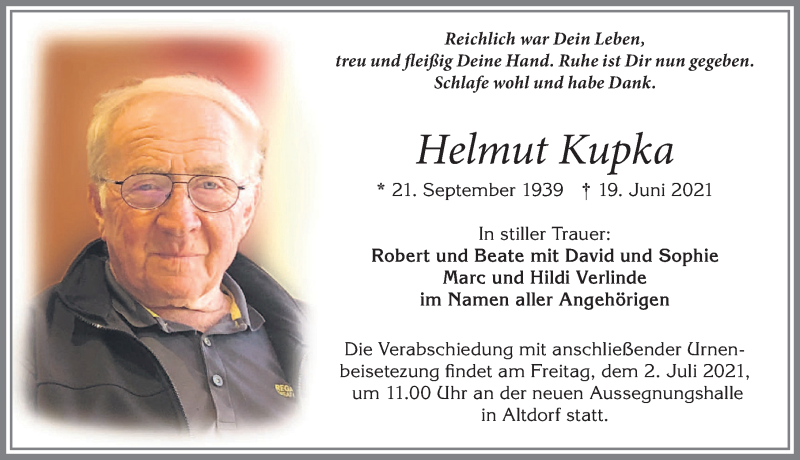  Traueranzeige für Helmut Kupka vom 29.06.2021 aus Allgäuer Zeitung, Marktoberdorf