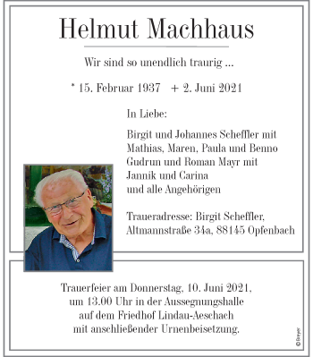 Traueranzeige von Helmut Machhaus von Der Westallgäuer