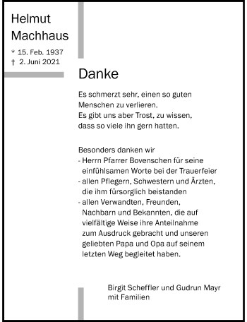 Traueranzeige von Helmut Machhaus von Der Westallgäuer