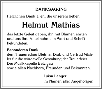 Traueranzeige von Helmut Mathias von Allgäuer Zeitung,Kempten