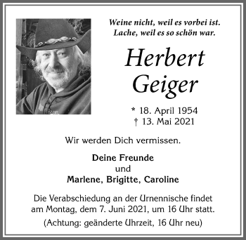 Traueranzeige von Herbert Geiger von Allgäuer Zeitung, Marktoberdorf