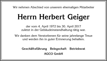 Traueranzeige von Herbert Geiger von Allgäuer Zeitung, Marktoberdorf