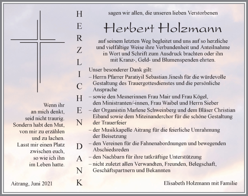  Traueranzeige für Herbert Holzmann vom 29.06.2021 aus Allgäuer Zeitung, Marktoberdorf