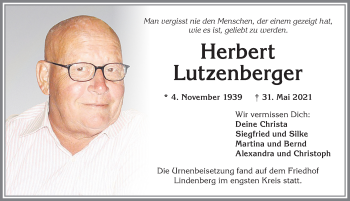 Traueranzeige von Herbert Lutzenberger von Allgäuer Zeitung, Kaufbeuren/Buchloe