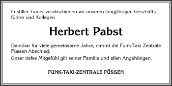 Traueranzeige von Herbert Pabst von Allgäuer Zeitung, Füssen