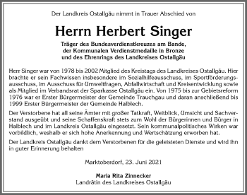 Traueranzeige von Herbert Singer von Allgäuer Zeitung