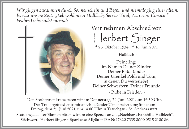  Traueranzeige für Herbert Singer vom 19.06.2021 aus Allgäuer Zeitung, Füssen