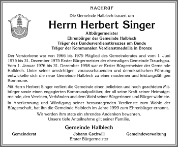 Traueranzeige von Herbert Singer von Allgäuer Zeitung, Füssen